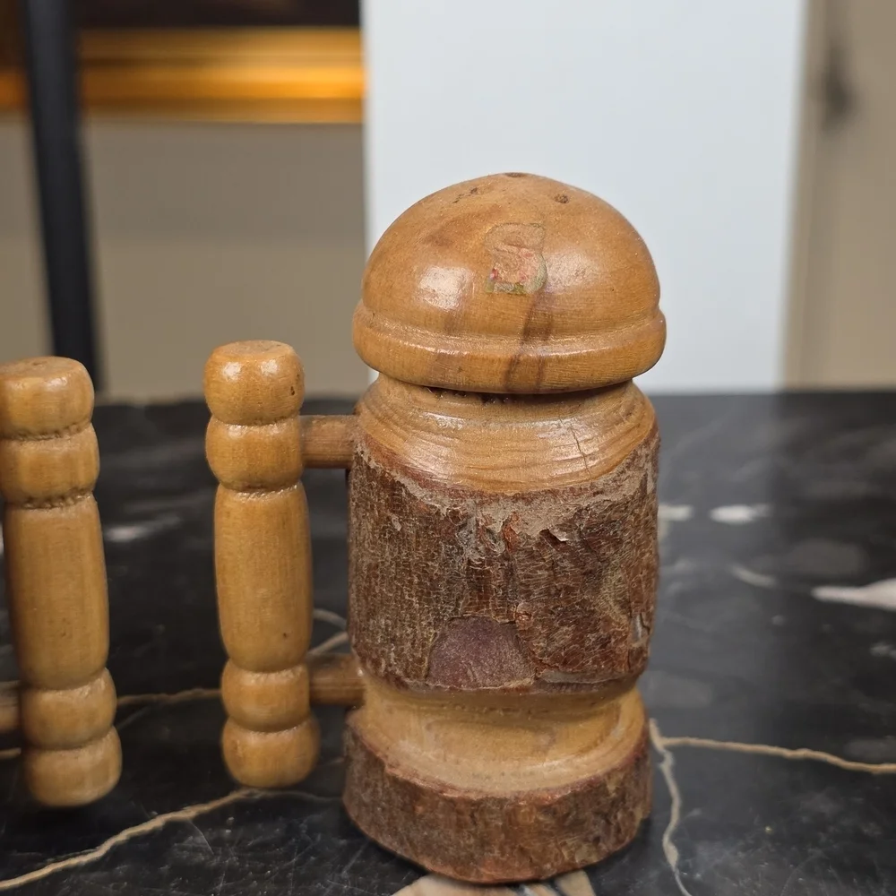 Vintage Wooden Bark Salt Pepper Shakers Mug Stein Japan - Picture 10 of 12